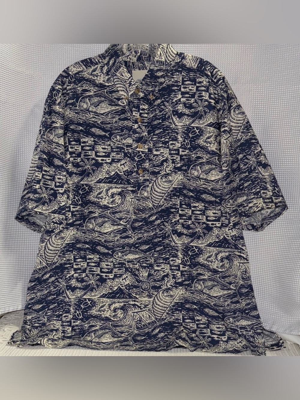 Kahala Aloha Shirt 4 Button 100% Cotton Fish Ocean  Canoe Coconut Trees Sz XL